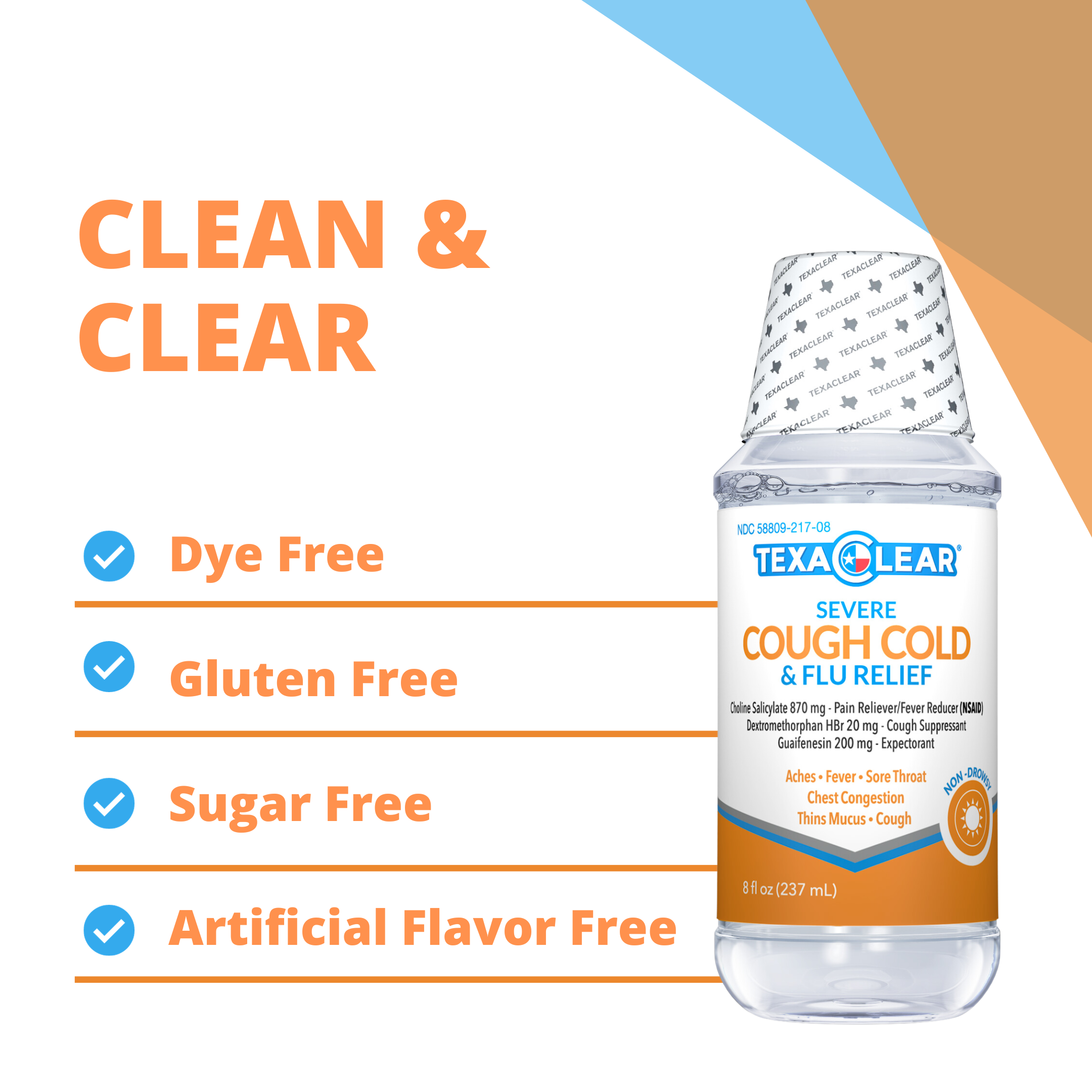 TexaClear Severe Cough Cold and Flu Relief. Dye free, sugar free, gluten free cough relief syrup.