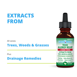 TexaClear Texas allergy relief drops from Texas trees, weeds, and grasses.