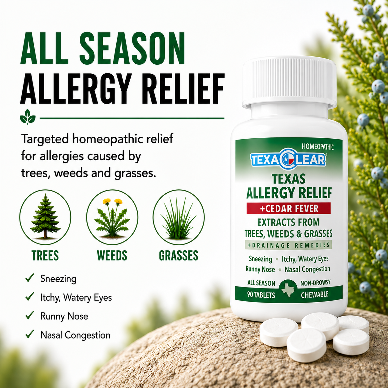 TexaClear® Texas Allergy Relief + Cedar Homeopathic Tablets