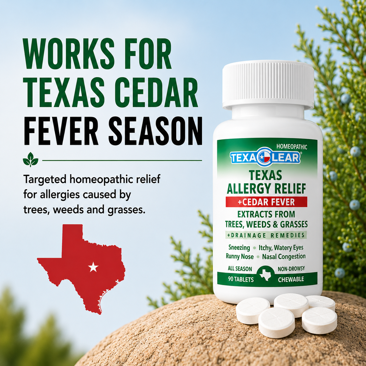 TexaClear® Texas Allergy Relief + Cedar Homeopathic Tablets