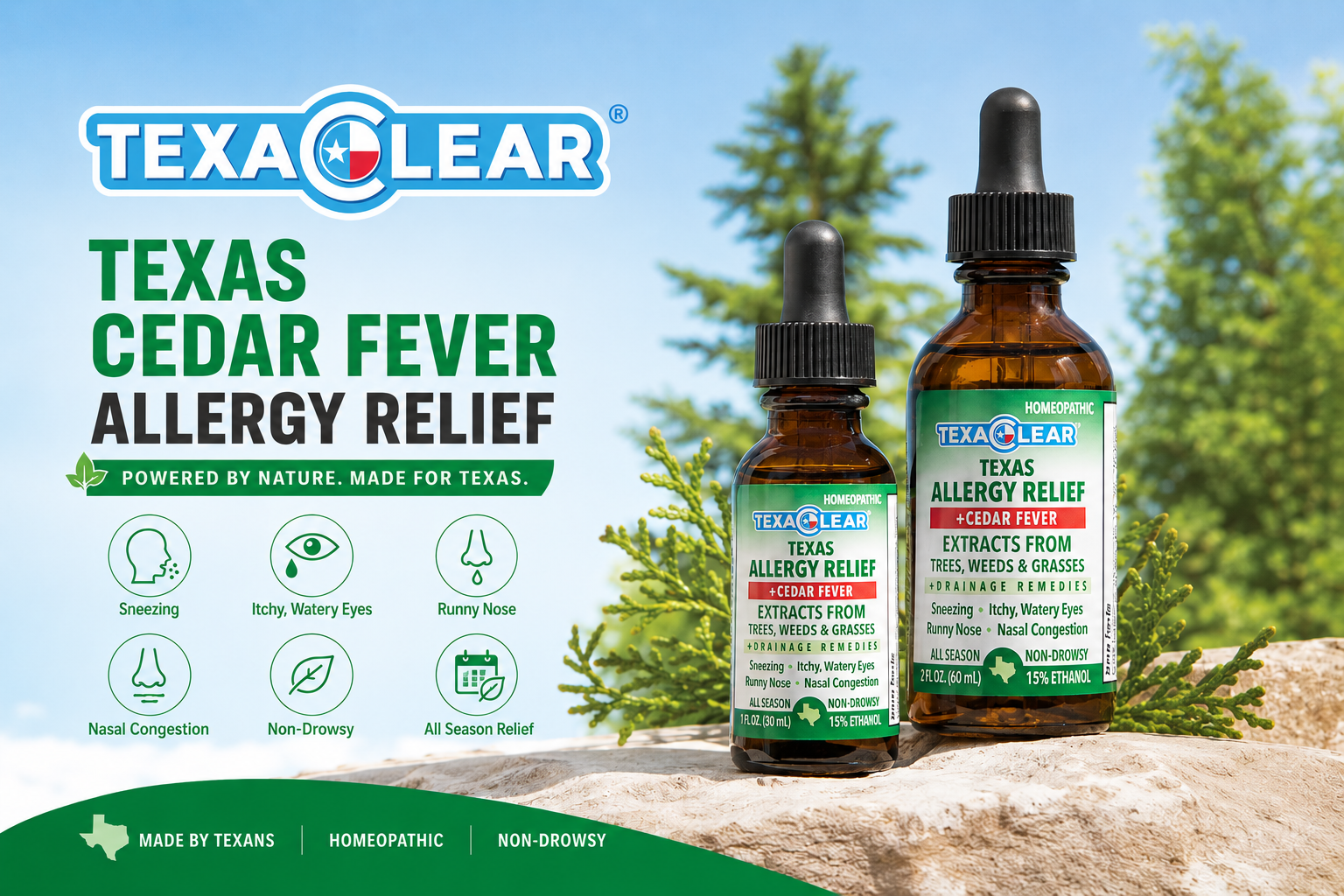 TexaClear® Texas + Cedar Fever Homeopathic Allergy Drops (1oz, 2oz, 4oz)