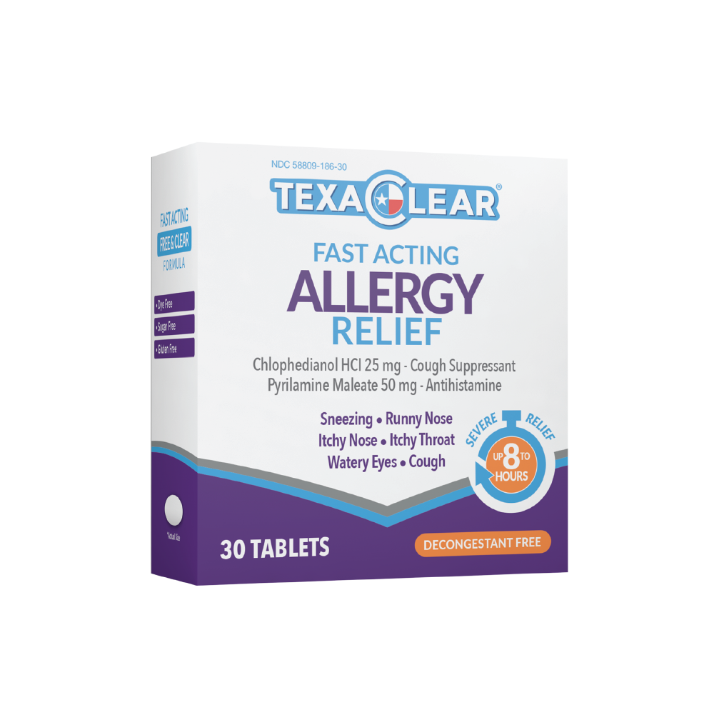 TexaClear Allergy Relief Tablet for multi-symptom allergy relief. Sneezing, runny nose, watery eyes, cough, itchy nose and throat.Chlophedianol HCl 25 mg	Cough suppressant Pyrilamine Maleate 50 mg	Antihistamine