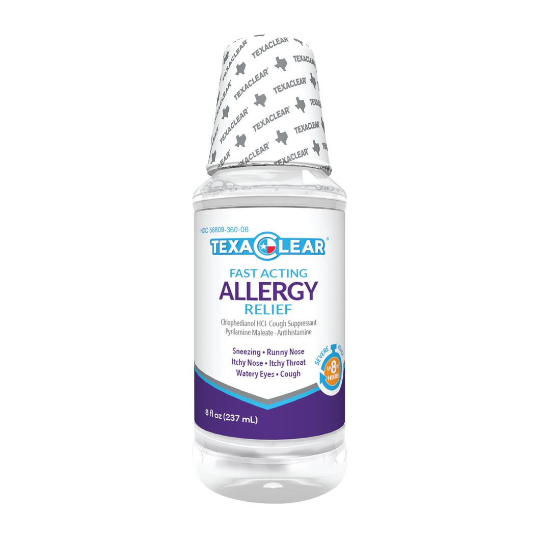 TexaClear® Allergy Relief brings fast-acting and long-lasting relief to tackle mild to severe allergy symptoms. With this powerful, clear, multi-symptom liquid formula get relief from sneezing, runny nose, watery eyes and allergy cough. TexaClear® Allergy Relief works fast and lasts up to eight hours.