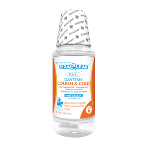 TexaClear® Kids Daytime Cough & Cold Relief is a non-drowsy, acetaminophen-free formula that stops a cough as big as Texas, thins out mucus, and puts to pasture nasal & chest congestion. When your little Texan feels under the weather, TexaClear is by your side to deliver clear, powerful, effective relief when they need it most. For Kids Ages 6+  Active Ingredients (in each 30 mL)	Purpose Dextromethorphan HBr 10 mg	Cough Suppressant Guaifenesin 200 mg	Expectorant Phenylephrine HCl 5 mg	Nasal decongestant