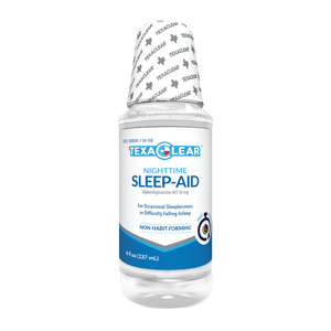 Wherever you are, enjoy a good night’s sleep with TexaClear® Nighttime Sleep-Aid. Our non-habit forming, clean and clear sleep-aid formula is your simple solution for a solid night’s sleep. The liquid-fast formula absorbs quickly, reducing the time it will take you to fall asleep. You’ll appreciate the fast-acting power and love that it contains no unnecessary additives like gluten, dye, sugar, artificial flavors, and alcohol. Just a simple solution for a good night’s sleep.