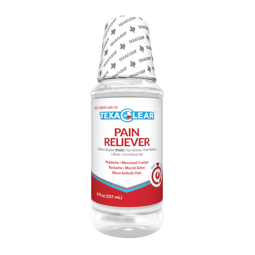When pain strikes, fight back with the speed of liquid. TexaClear® Liquid Pain Reliever is a patented formula that delivers powerful, fast, effective relief at the speed you need. Formulated with a non-steroidal anti-inflammatory pain reliever this formula delivers relief to the site of pain. No more waiting on pills or powders. Get liquid-fast relief from headaches, backaches, muscle aches, minor arthritis pain, and menstrual cramps.